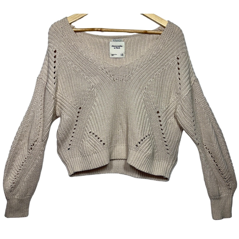 Abercrombie & Fitch Tan Brown Knit Cropped Long Sleeve V-Neck Sweater Size XS
